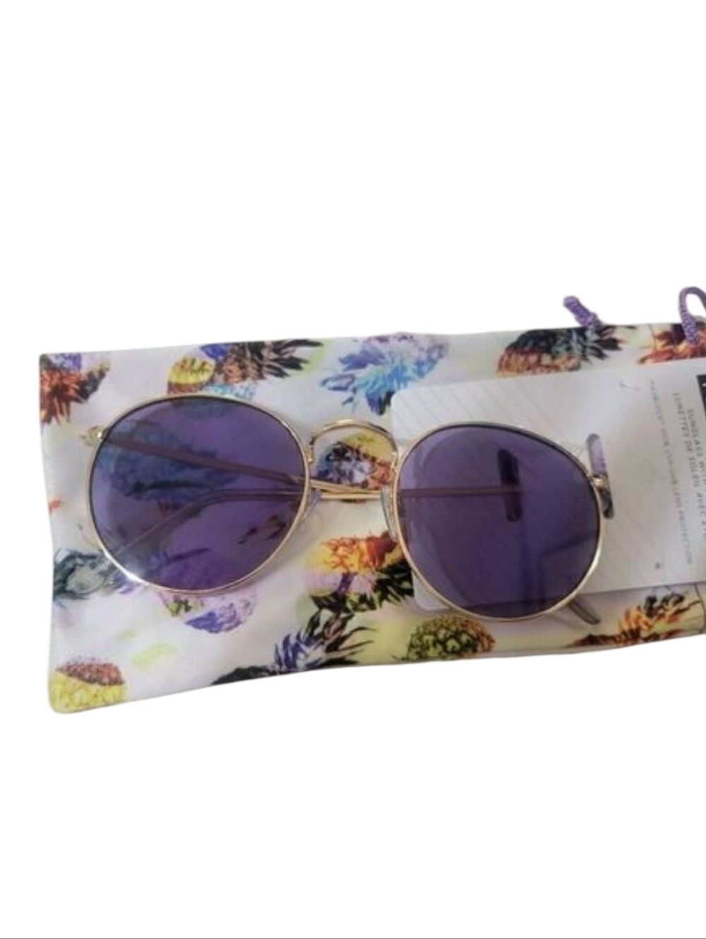 Foster Grant Gold Frame Rounded Purple Lenses 100% UV w/ Pineapple Pouch NEW